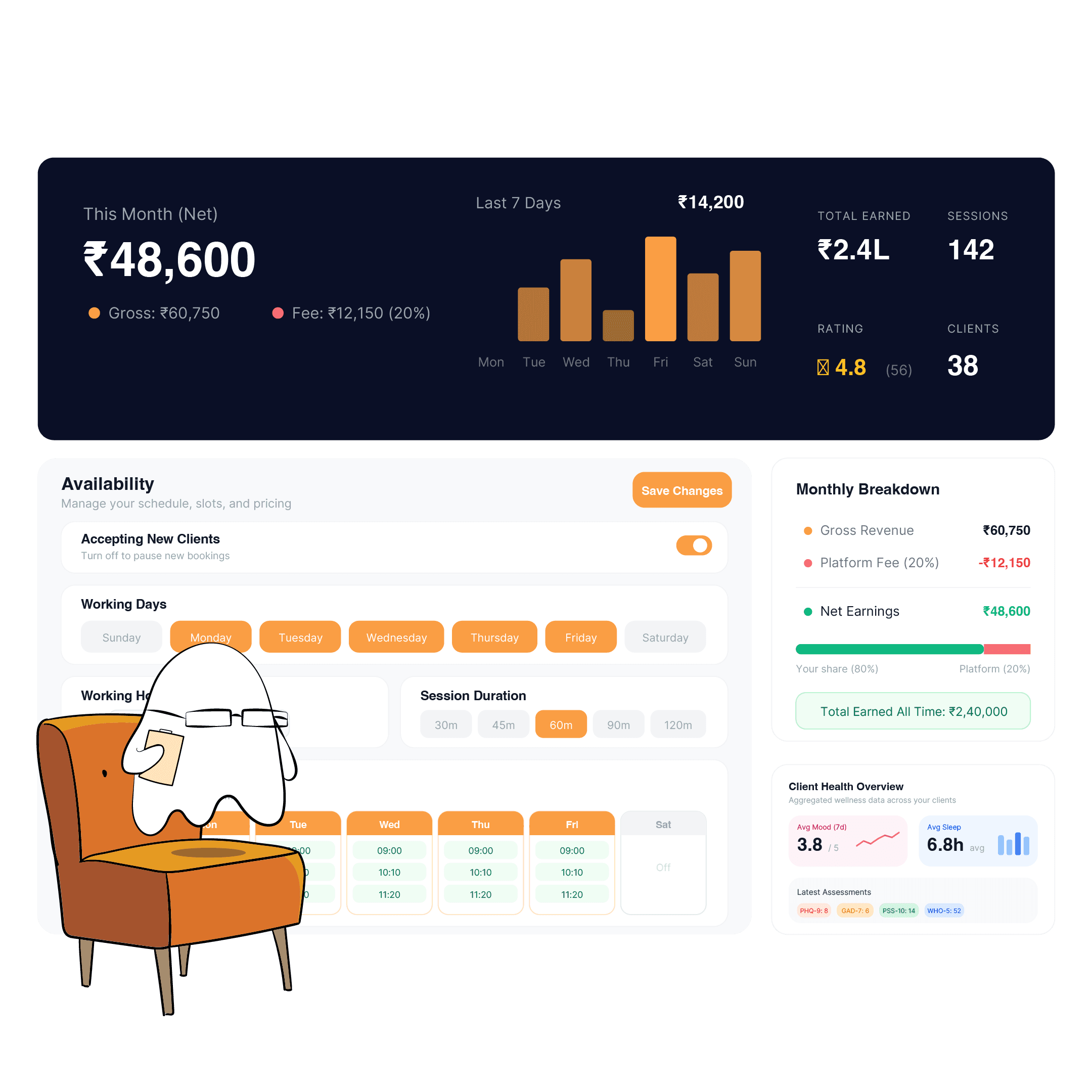 BetterSpace clinician dashboard showing bookings and earnings